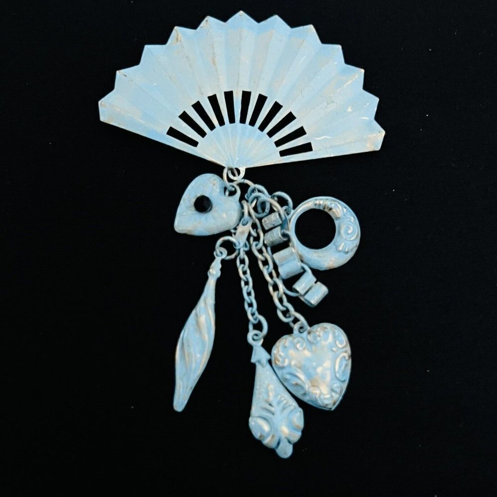 Vintage Enamel Steampunk Whimsical Fan Heart Dangle Chain Brooch Unique 4264